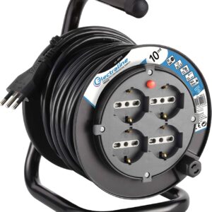 Electraline 49212 prolunga elettrica con avvolgicavo 10 mt 4 prese polivalenti (schuko + 10/16A) spina grande 16A con protezione nero - sezione cavo 3G1.5 mm²